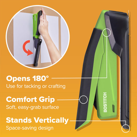 Bostitch Office InPower Spring-Powered Desktop Stapler, 20 Sheet Capacity, One Finger Stapling, Includes 210 Staples, Jam Free, Opens for Tacking, Green
