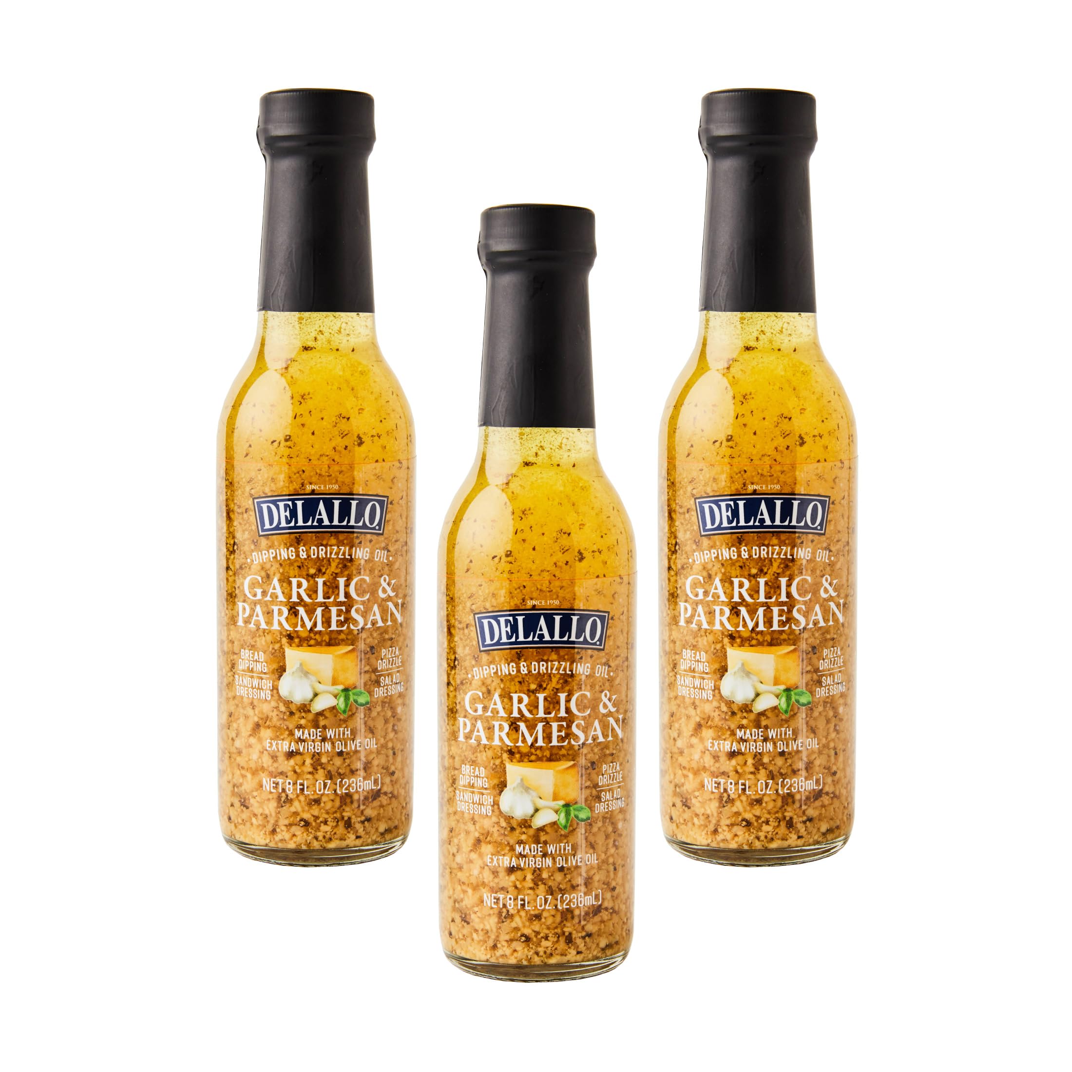 DeLallo Garlic Parmesan Dipping Oil, Extra Virgin Olive Oil Infused, Ready-to-Use Condiment, Gluten Free, Non-GMO, 8 oz Bottle, (3 Pack)