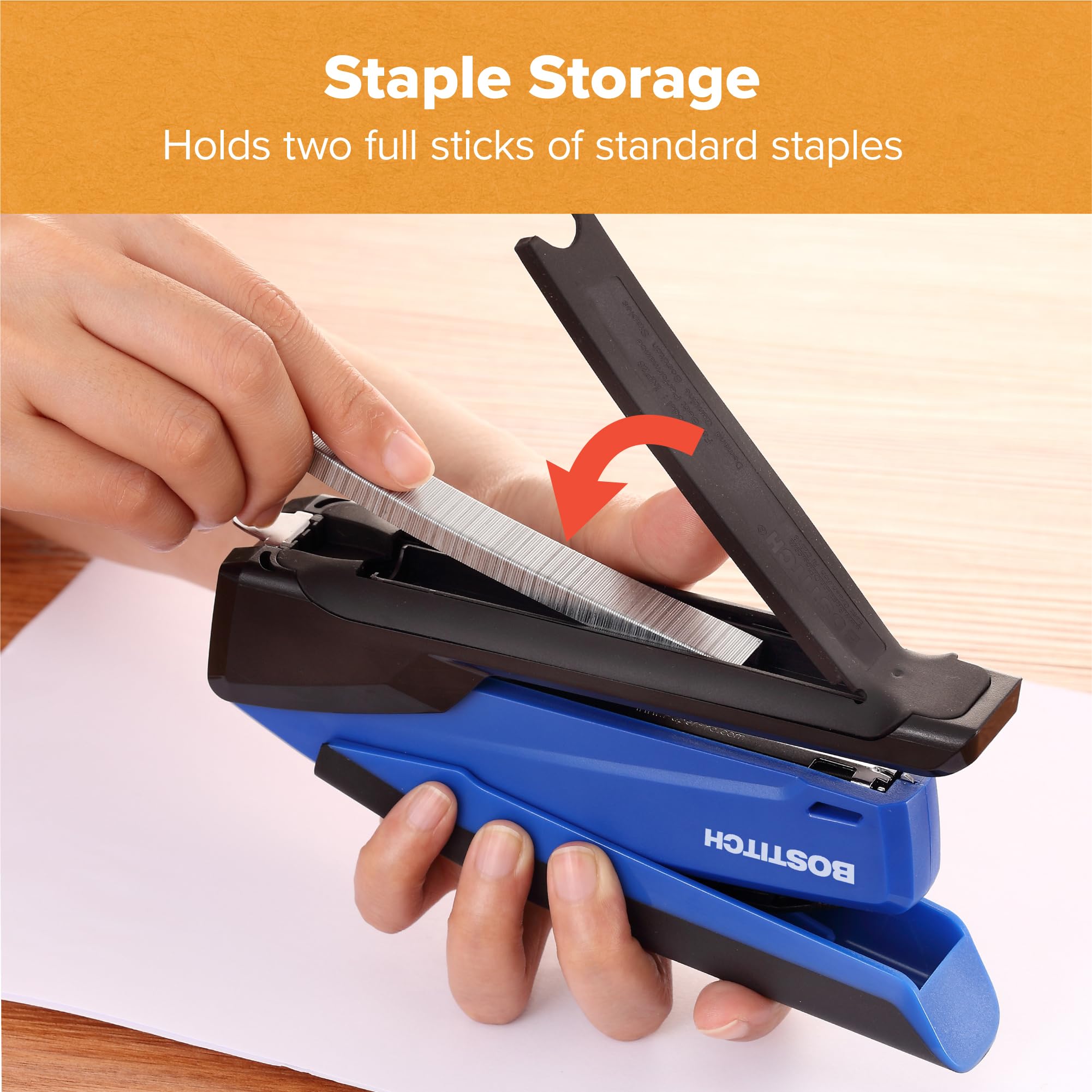 Bostitch Office InPower Spring-Powered Desktop Stapler, 20 Sheet Capcity, Built in Remover, Blue (1122)