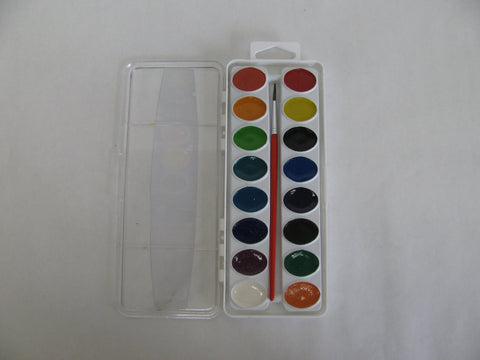 Prang Washable Semi-Moist Watercolors Oval Pan Set with Size 6 Paintbrush, Non-Refillable, 16 Assorted Colors, Pack of 1