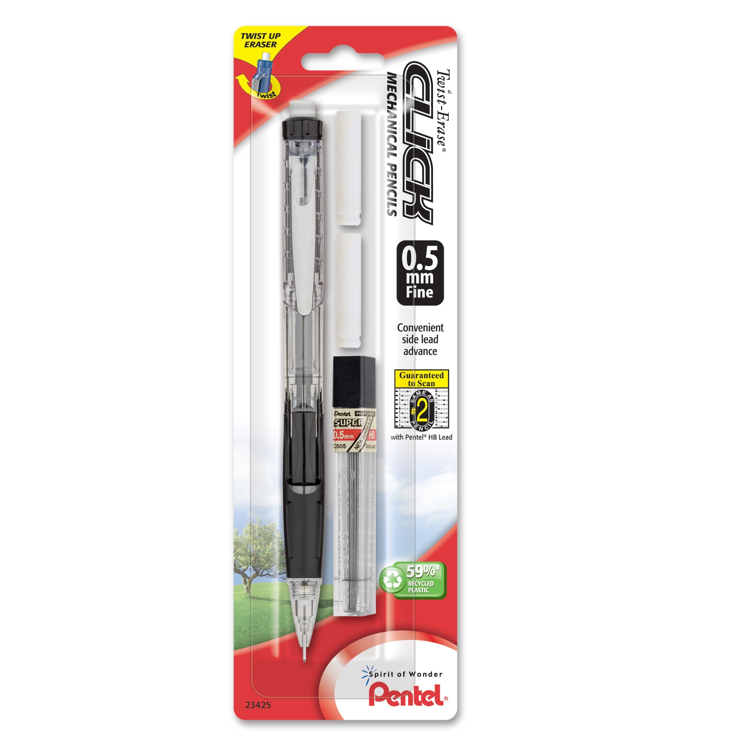 Pentel Twist Erase CLICK Automatic Pencil with 2 Eraser Refills and Lead, 0.5mm, Assorted Barrels, Color May Vary, 1 Pack (PD275TLEBP), Assorted Colors