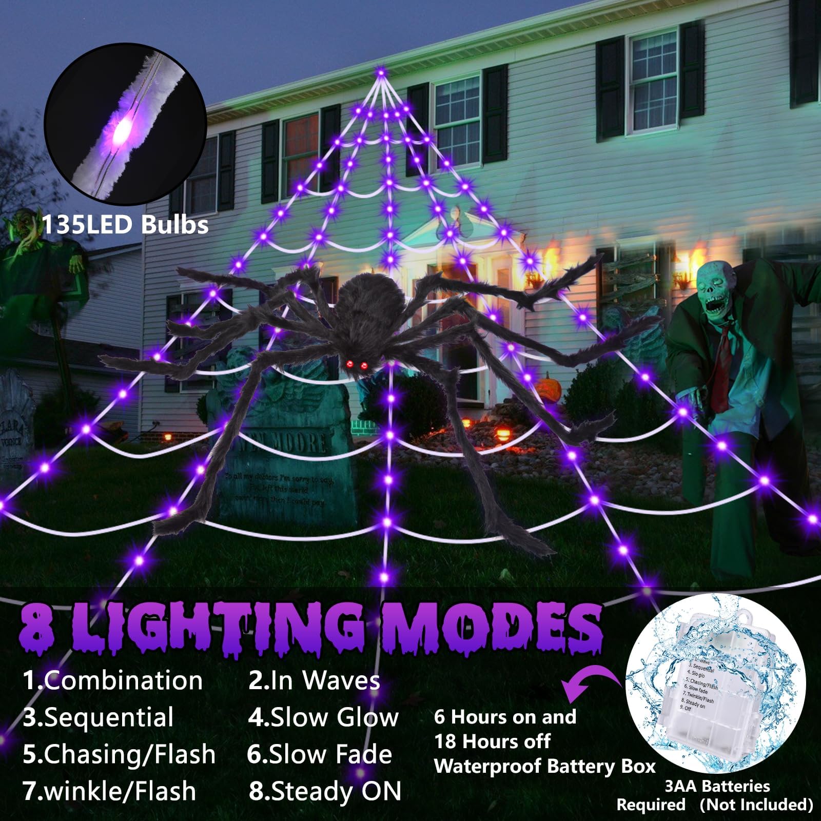 OCATO Halloween Decorations Spider Webs: Spider Web Lights 135 LED Purple Lights 59" Giant Spider Scary Halloween Decorations Outdoor Indoor for Party Garden Home Costumes Yard Haunted House