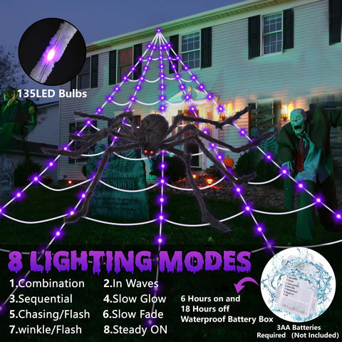 OCATO Halloween Decorations Spider Webs: Spider Web Lights 135 LED Purple Lights 59" Giant Spider Scary Halloween Decorations Outdoor Indoor for Party Garden Home Costumes Yard Haunted House
