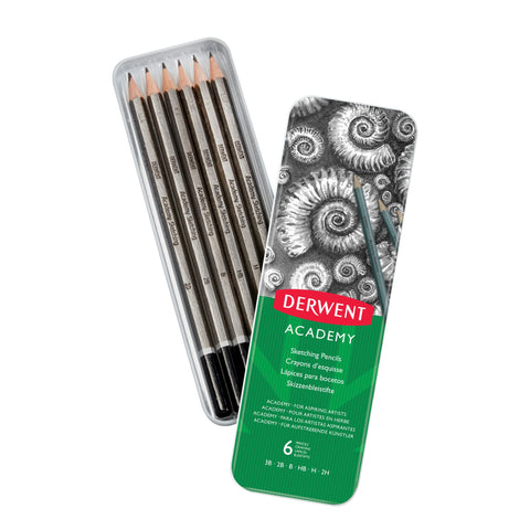 Derwent Academy Sketching Pencils, 6 Degrees of Hardness, Metal Tin, 6 Count (2301945)