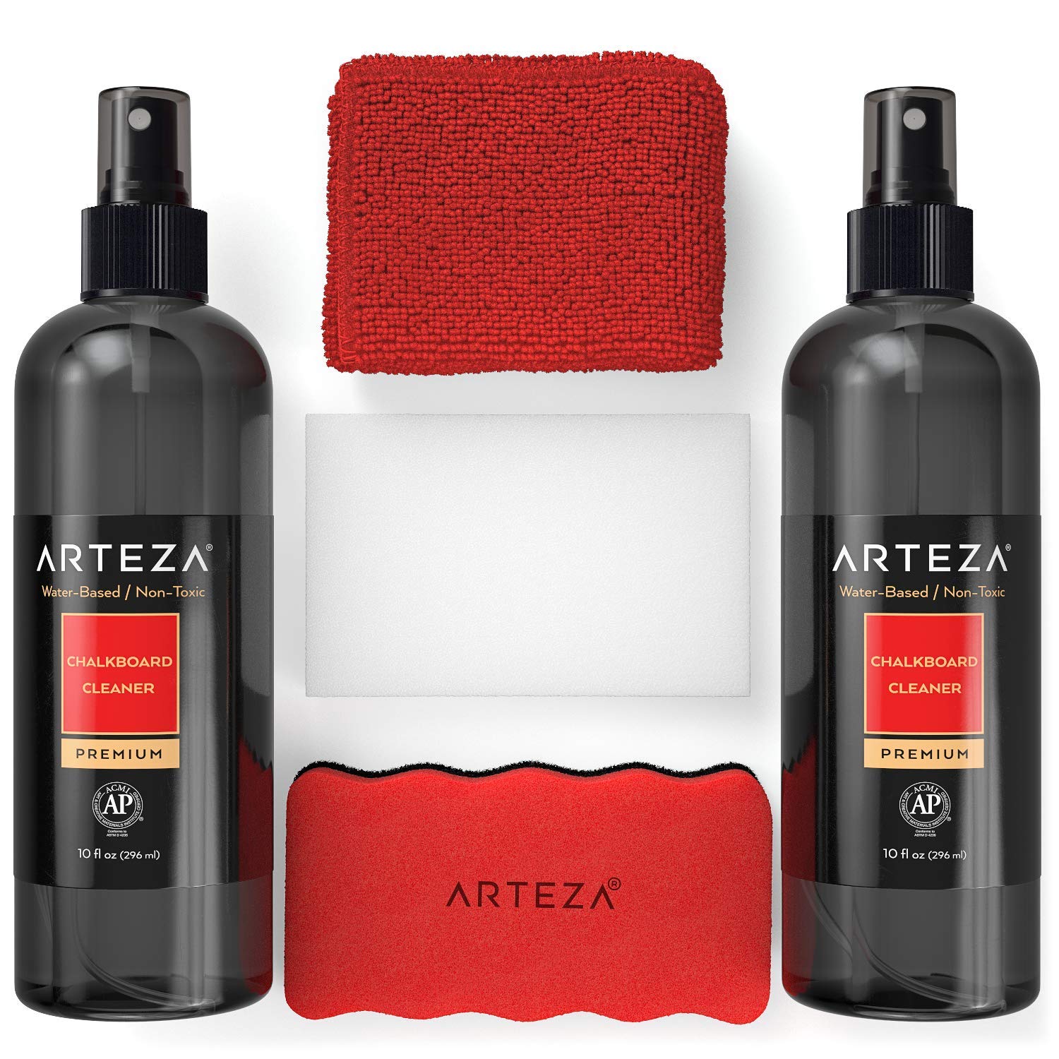 Arteza Chalkboard Cleaner Set with 2 Cleaners, 10-Ounces Each, 1 Microfiber Fabric Towel, 2 Magic Sponges & 1 Magnetic Eraser, Office Supplies for Chalkboards, Blackboards & Glass Surfaces