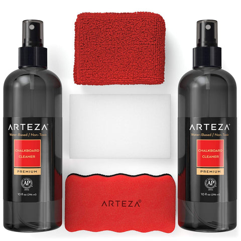 Arteza Chalkboard Cleaner Set with 2 Cleaners, 10-Ounces Each, 1 Microfiber Fabric Towel, 2 Magic Sponges & 1 Magnetic Eraser, Office Supplies for Chalkboards, Blackboards & Glass Surfaces