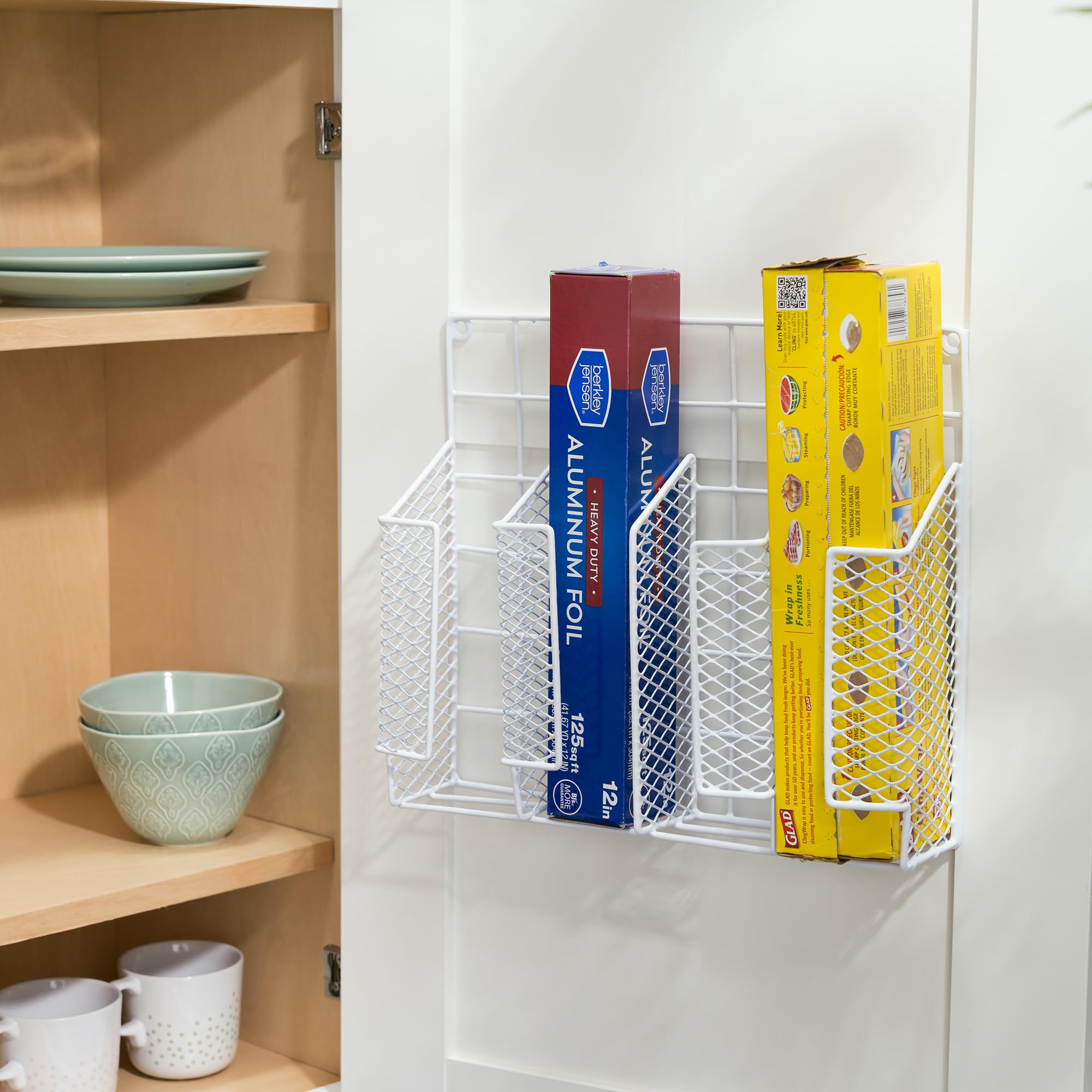 Home Basics Organizer Rust Resistant, Perfect for Food Storage, Silver Foil, Wax Paper, Sandwich Bags, Plastic Wrap-Mounts,White