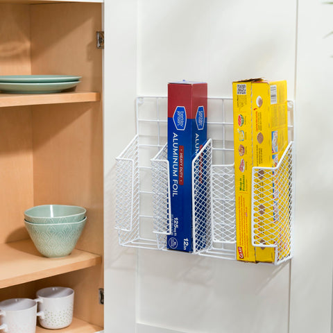 Home Basics Organizer Rust Resistant, Perfect for Food Storage, Silver Foil, Wax Paper, Sandwich Bags, Plastic Wrap-Mounts,White