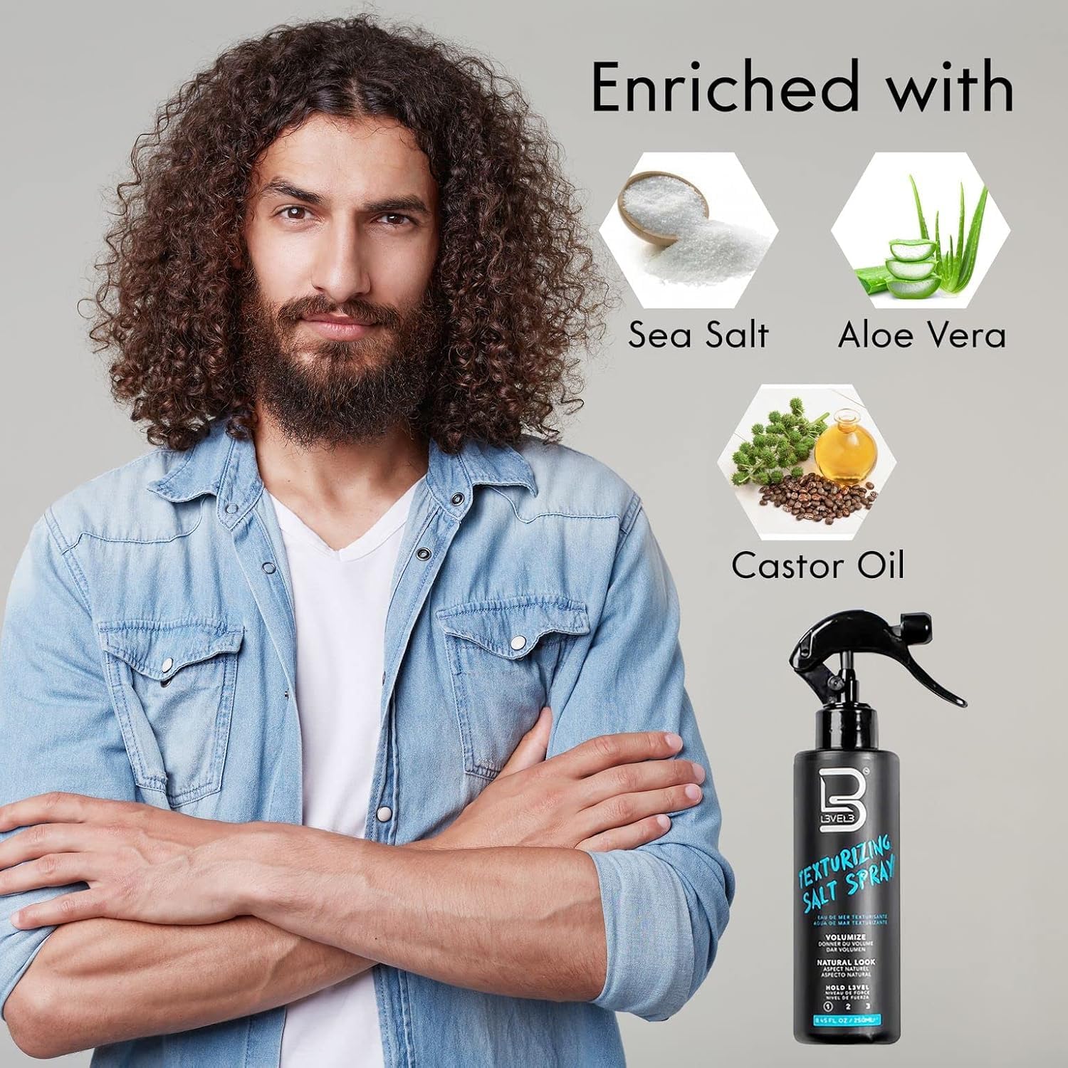 L3 Level 3 Sea Salt Texturizing Spray - Creates Beachy Waves and Texture - Light Hold - Casual Hair Finish (8.45 Fl Oz)