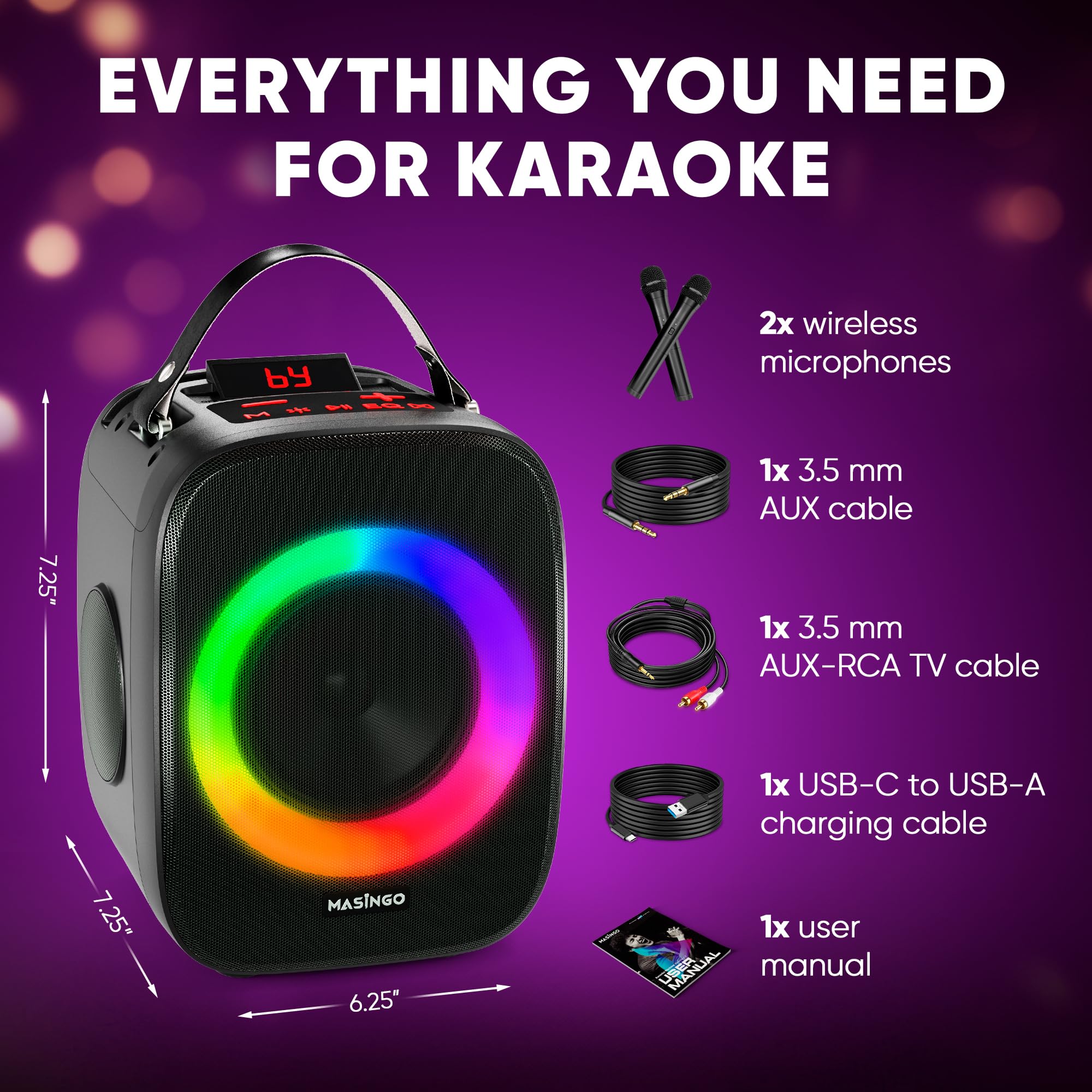 MASINGO Karaoke Machine for Kids and Adults with 2 Wireless Bluetooth Microphones, Portable 3D Sound Speaker with Colorful LED Lights, Supports TF Card/USB, AUX in, FM, TWS for Home Party, Cantando C2