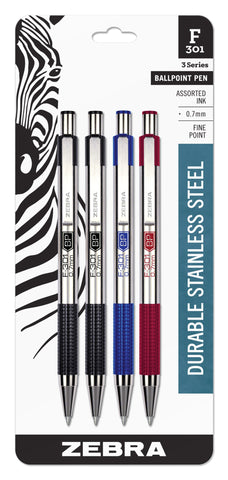 Zebra Pen F-301 Ballpoint Assorted Ink Fine Point 0.7mm Pen, Easy-Glide Ink, Stainless Steel Retractable, Non-Slip Grip, Professional Design, Ideal for Office, Journal and Planner Use, 4-Pack (27104)