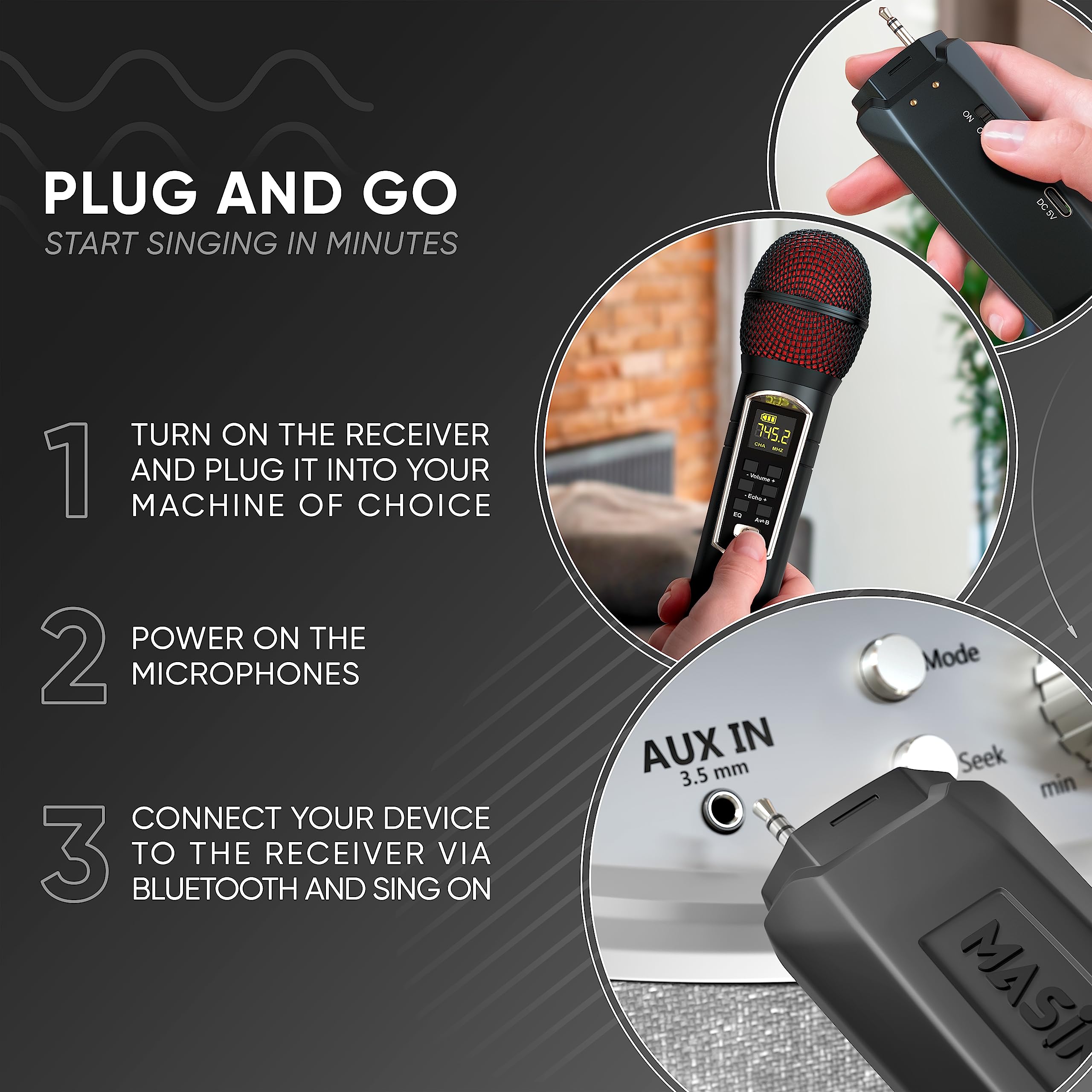 MASINGO 2 Wireless Karaoke Microphones, Integrated Bluetooth Receiver - Connects Mics and Smartphone to Any Speaker with AUX/Mic Input - Includes Singer Vocal Removal Mode + Charging Base - A12