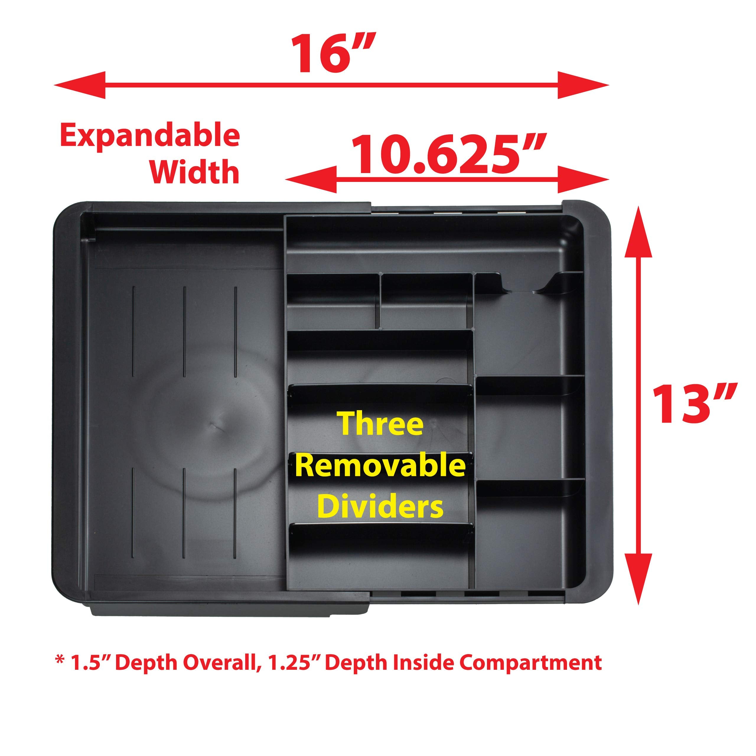 Officemate Expandable Drawer Organizer Tray, Adjustable 10.3"–16" Width, Customizable Compartments with Dividers, Recycled Plastic, Black