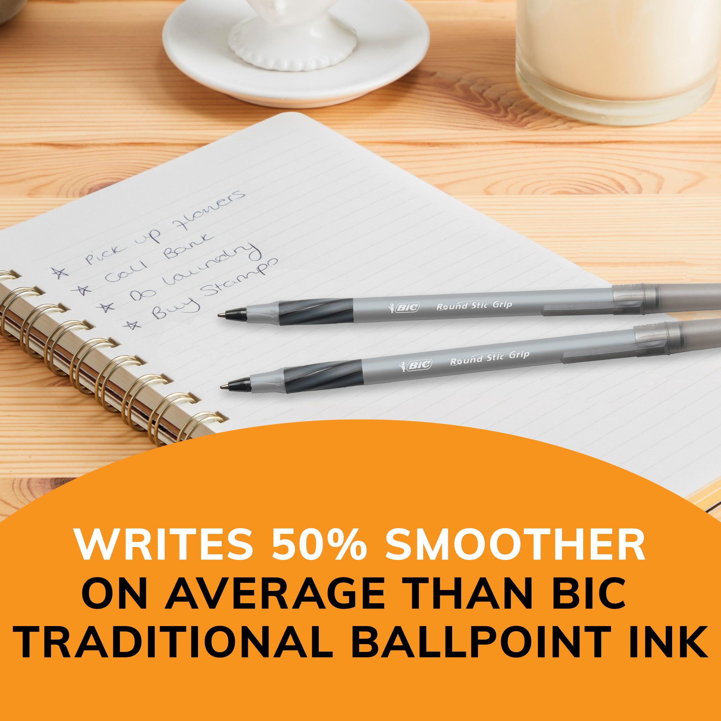BIC Round Stic Grip Xtra-Comfort Ballpoint Pens, Medium Point, 1.2 mm, Gray Barrel, Black Ink, Pack Of 12 Pens