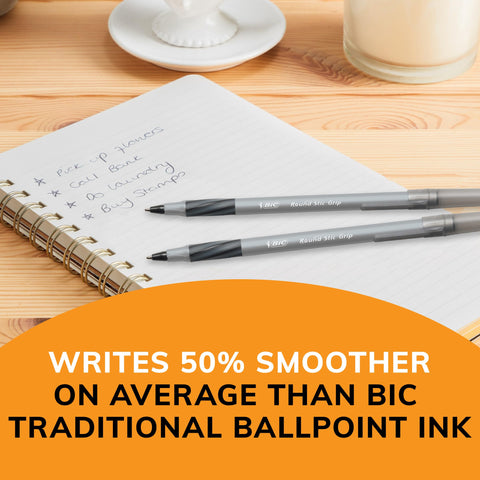 BIC Round Stic Grip Xtra-Comfort Ballpoint Pens, Medium Point, 1.2 mm, Gray Barrel, Black Ink, Pack Of 12 Pens