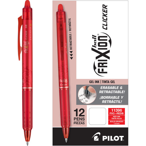 Pilot, FriXion Clicker Erasable Gel Pens, Bold Point 1 mm, Pack of 12, Red