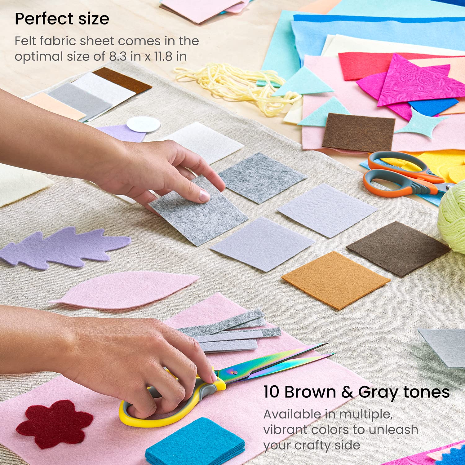 Arteza Craft Felt Sheets, Set of 50, 8.3 x 11.8 inches, 10 Brown and Gray Tones, 20 Soft and 30 Stiff Non Woven Felt Fabric Squares, 1.5mm and 1.3mm Thick, Sewing Fabric for DIY Projects