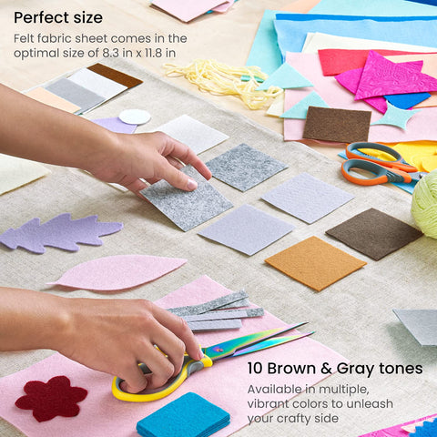 Arteza Craft Felt Sheets, Set of 50, 8.3 x 11.8 inches, 10 Brown and Gray Tones, 20 Soft and 30 Stiff Non Woven Felt Fabric Squares, 1.5mm and 1.3mm Thick, Sewing Fabric for DIY Projects