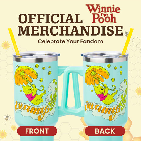 Silver Buffalo Disney Winnie the Pooh “Dreamy Days” Retro Art Double Walled Stainless Steel Tumbler with Handle and Straw, Fits in Standard Cup Holder, 40 Ounces