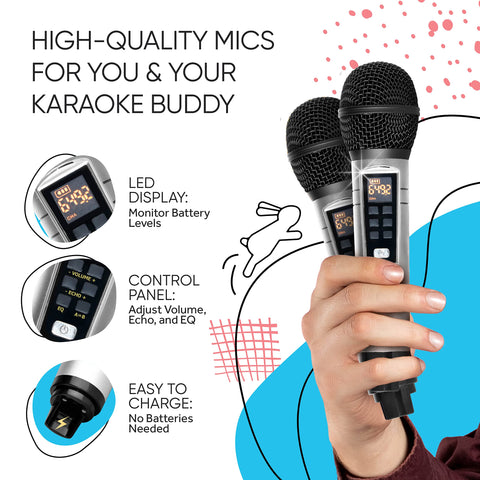 Rabbit Karaoke Machine for Kids, Children and Toddlers with 2 Wireless Bluetooth Microphones, Portable PA Speaker System Includes Lyrics Display Phone Holder, TV Cable and Singer Vocal Removal Mode