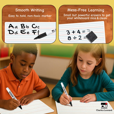 Charles Leonard Dry Erase Board Classroom Pack - Mini Lapboard School Supplies - Includes 12 Each One-Sided Lined Erasable White Boards, 2 Inch Felt Erasers and Black Dry Erase Markers (35025)