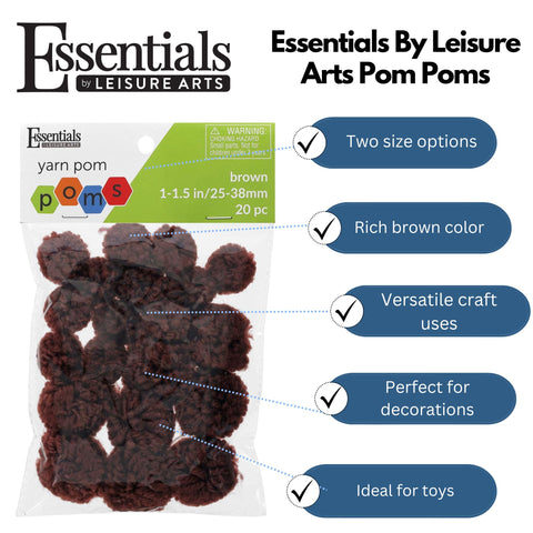 Essentials By Leisure Arts Yarn Pom Poms - Rown - 1" to 1.5" 20 Piece Pom Poms Arts and Crafts Gray Pompoms for Crafts Craft Puff Balls for Crafts