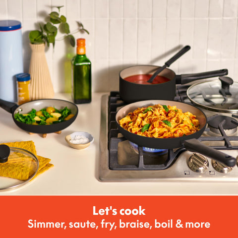 bella 12 Piece Cookware Set with EverGood™ Ceramic Nonstick Coating​, Dishwasher & Oven Safe, All Stovetops Compatible, Tempered Glass Lids and Cool Touch Handles, Black