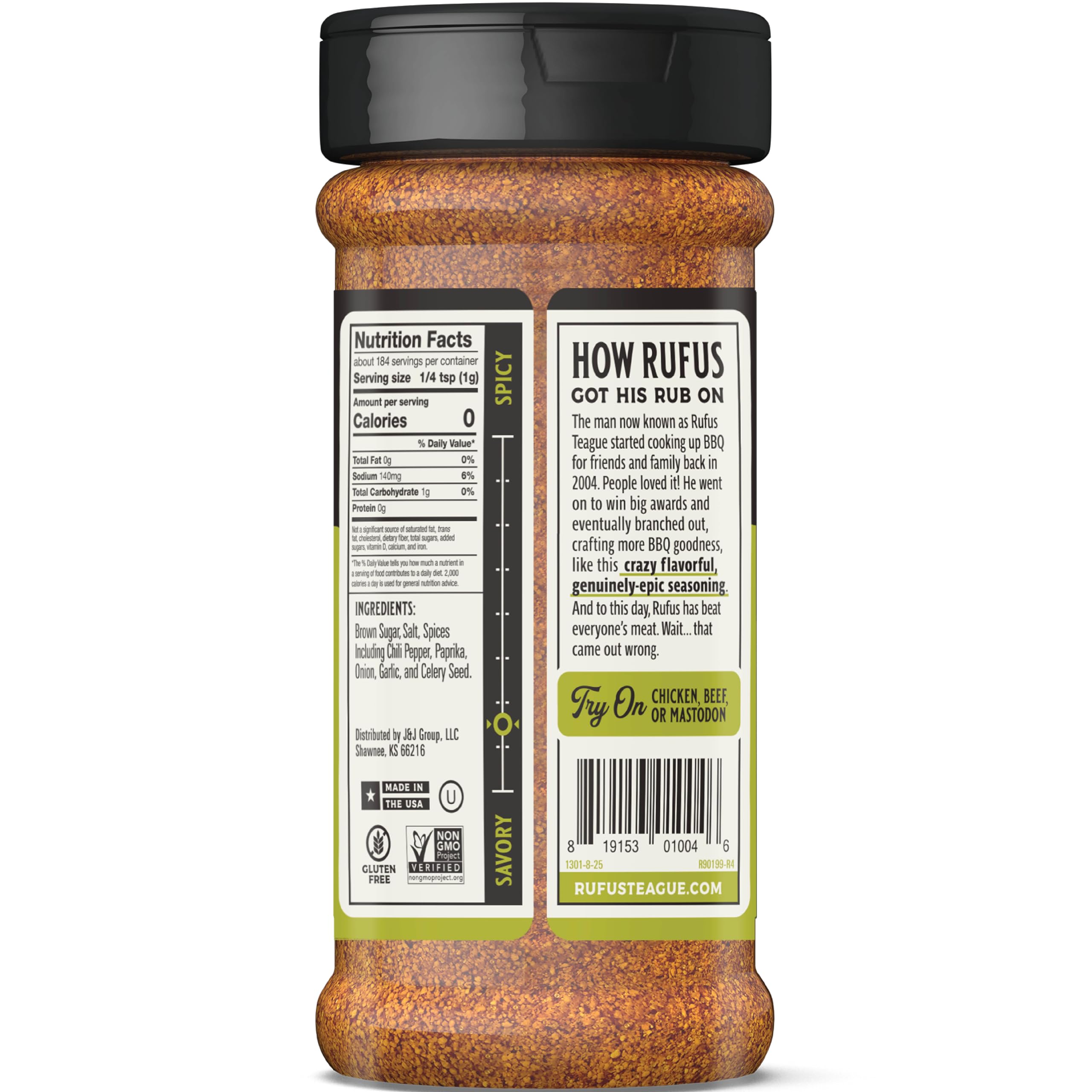 Rufus Teague Meat Rub, Premium Barbecue Seasoning & Dry Rub for Smoking and Grilling, Award-Winning Flavor for Beef, Pork & Chicken, Gluten-Free, 6.5 oz