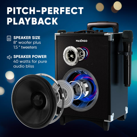 MASINGO Karaoke Machine for Adults and Kids, 40W Speaker with 8" Woofer, 2 Wireless Microphones, Bluetooth, USB, MicroSD, FM Radio, TV Connection, Tablet Holder, and Real-Time Karaoke Mode, Soprano X2
