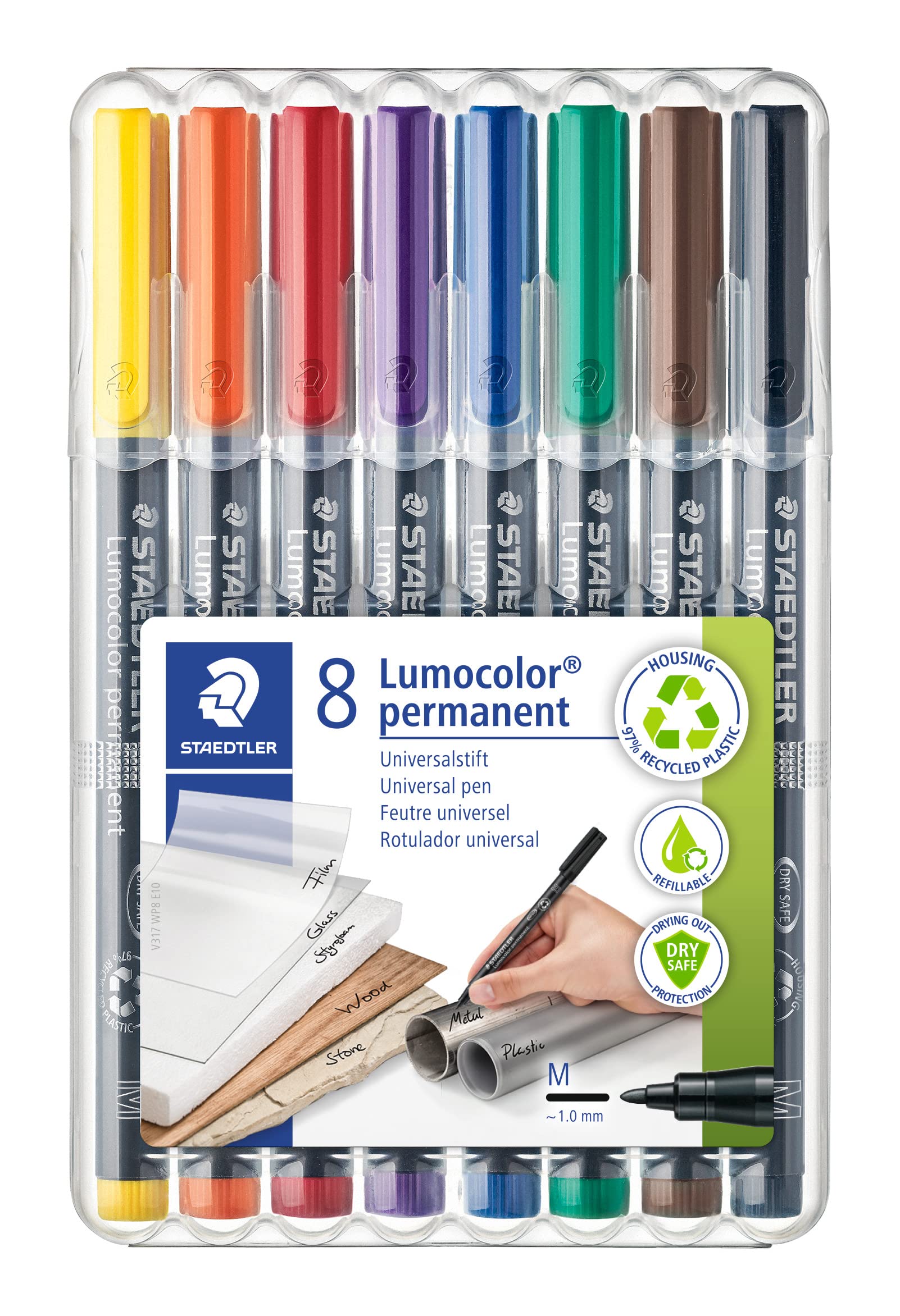 STAEDTLER Lumocolor Permanent Pen 317 Medium 1.0mm Line - Assorted Colours (Pack of 8) (317 WP8 ST), pack of 8
