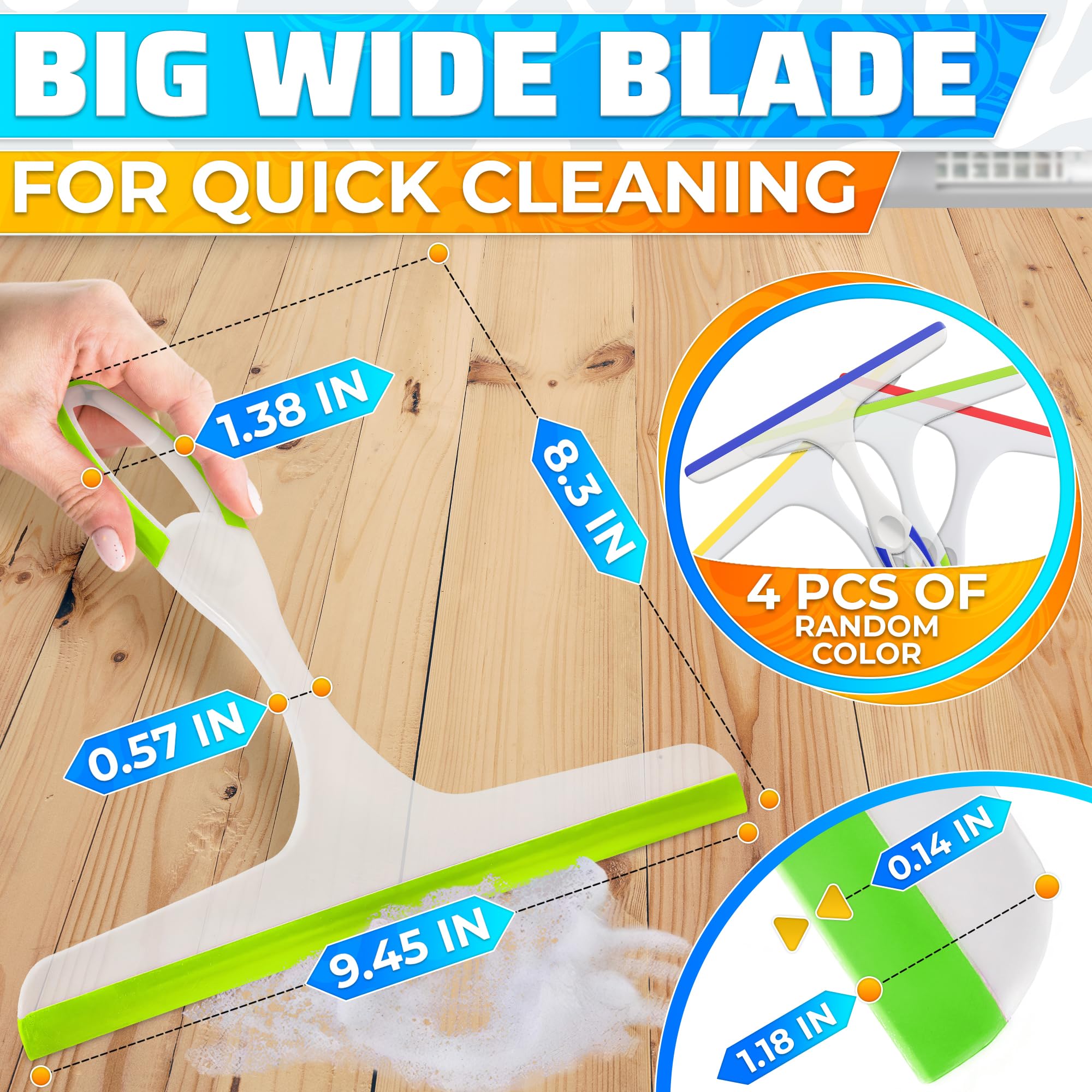 4Pcs 9.5” Hand Squeegee for Shower Glass - Durable Plastic Grip, Random Colors, Flexible Silicone Blade, Easy Hanging Hook, Lightweight Ergonomic Shower Squeegee for Glass Doors, Windows, and Tiles
