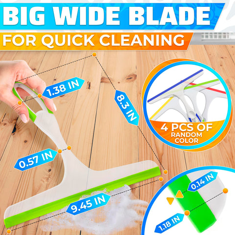 4Pcs 9.5” Hand Squeegee for Shower Glass - Durable Plastic Grip, Random Colors, Flexible Silicone Blade, Easy Hanging Hook, Lightweight Ergonomic Shower Squeegee for Glass Doors, Windows, and Tiles