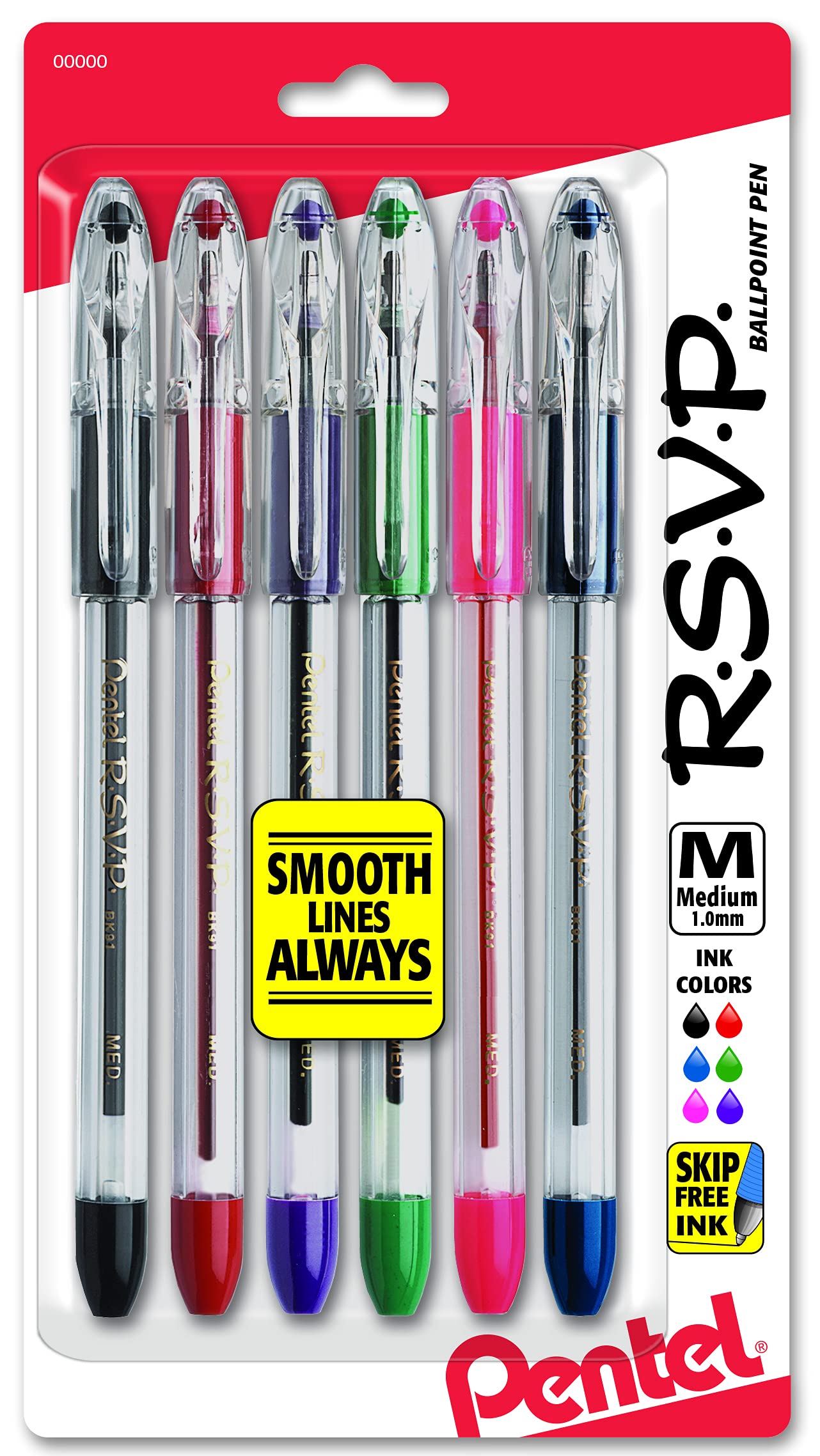 Pentel R.S.V.P. Ballpoint Pen, Medium Line, Assorted Ink (BK91BP6M) (Pack of 1, 6 Count Total)