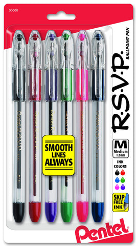 Pentel R.S.V.P. Ballpoint Pen, Medium Line, Assorted Ink (BK91BP6M) (Pack of 1, 6 Count Total)