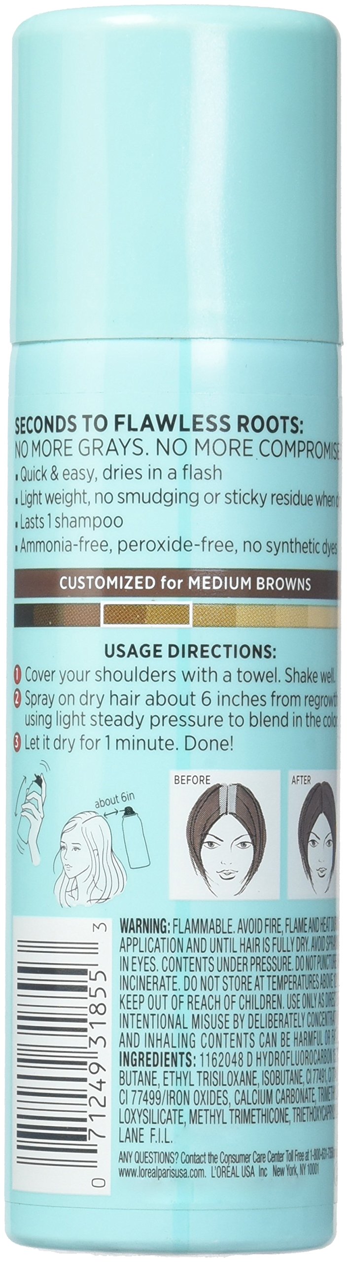 L'Oreal Paris Hair Color Root Cover Up Temporary Gray Concealer Spray, Light to Medium Brown, 2 Ounce