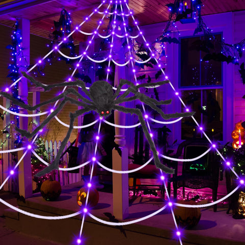 OCATO Halloween Decorations Spider Webs: Spider Web Lights 135 LED Purple Lights 59" Giant Spider Scary Halloween Decorations Outdoor Indoor for Party Garden Home Costumes Yard Haunted House