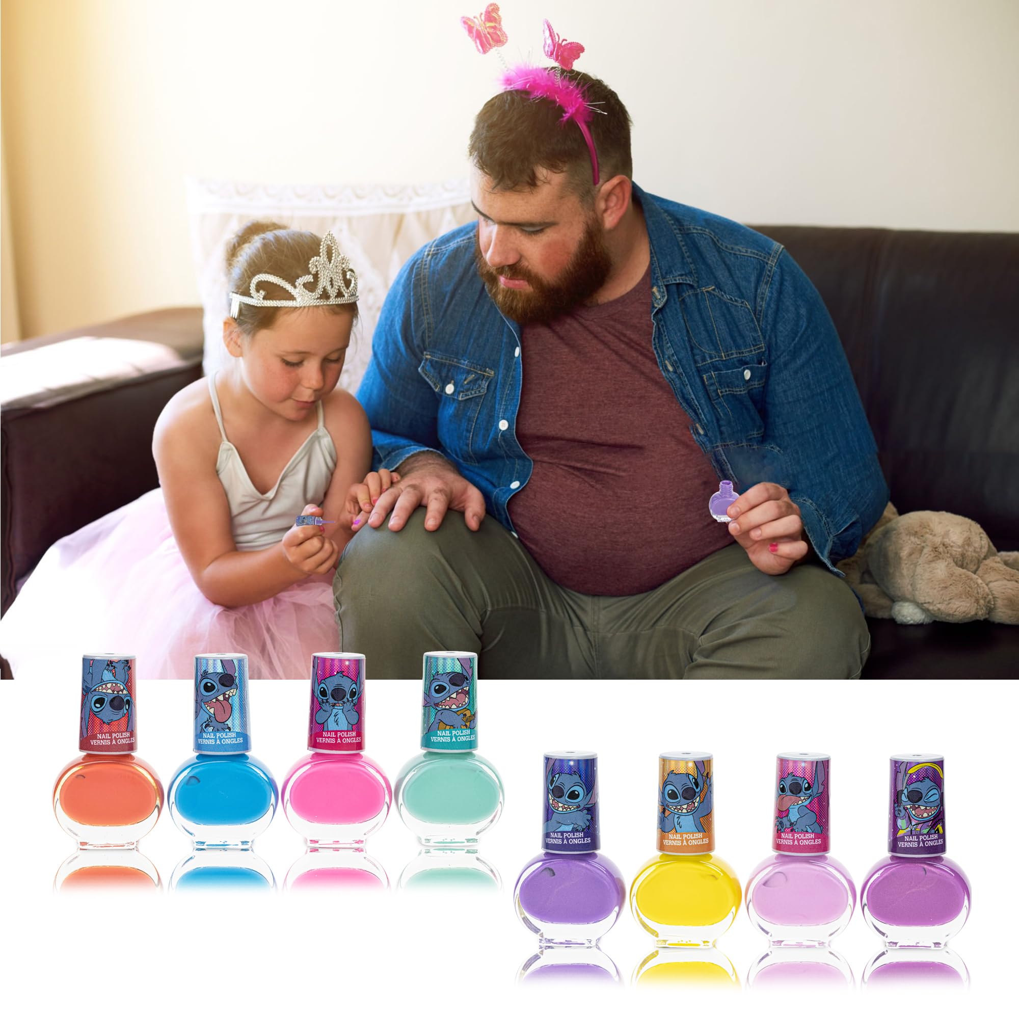 Disney Stitch Non-Toxic Peel-Off Water-Based Safe Quick Dry Nail Polish |Gift Kit Set for Kids Tweens Girls, Shimmer and Opaque Colors| Ages 3+ (8 Pcs)