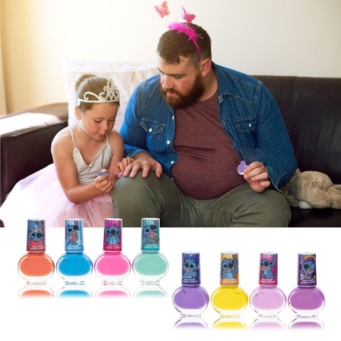 Disney Stitch Non-Toxic Peel-Off Water-Based Safe Quick Dry Nail Polish |Gift Kit Set for Kids Tweens Girls, Shimmer and Opaque Colors| Ages 3+ (8 Pcs)