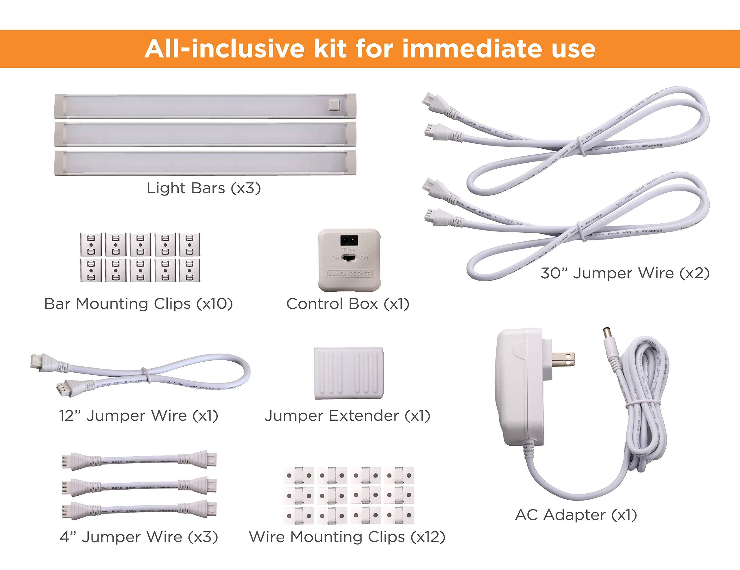 PureOptics LED Under Cabinet Lighting Kit, 3-Bars, 9 Inches Each, DIY Tool-Free Installation, Warm White, 2700K, 1080 Lumens, 15 Watts, Home Accent (LEDUC9-3WK)