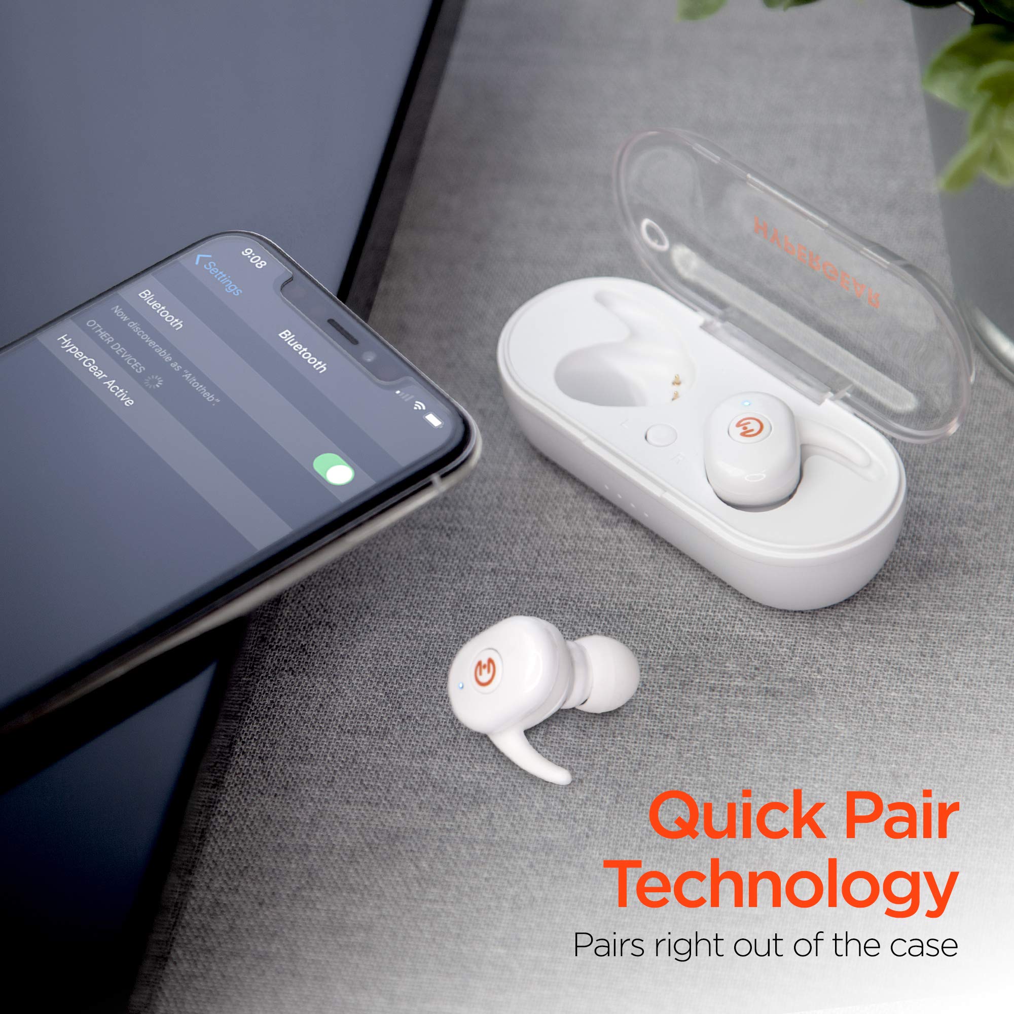 HyperGear Active True Wireless Bluetooth Earbuds – Noise Cancelling Mic, HD Stereo Sound, Touch Control, Quick Pairing, IPX5 Waterproof, Charging Case – Wireless Headphones for iPhone & Android, White