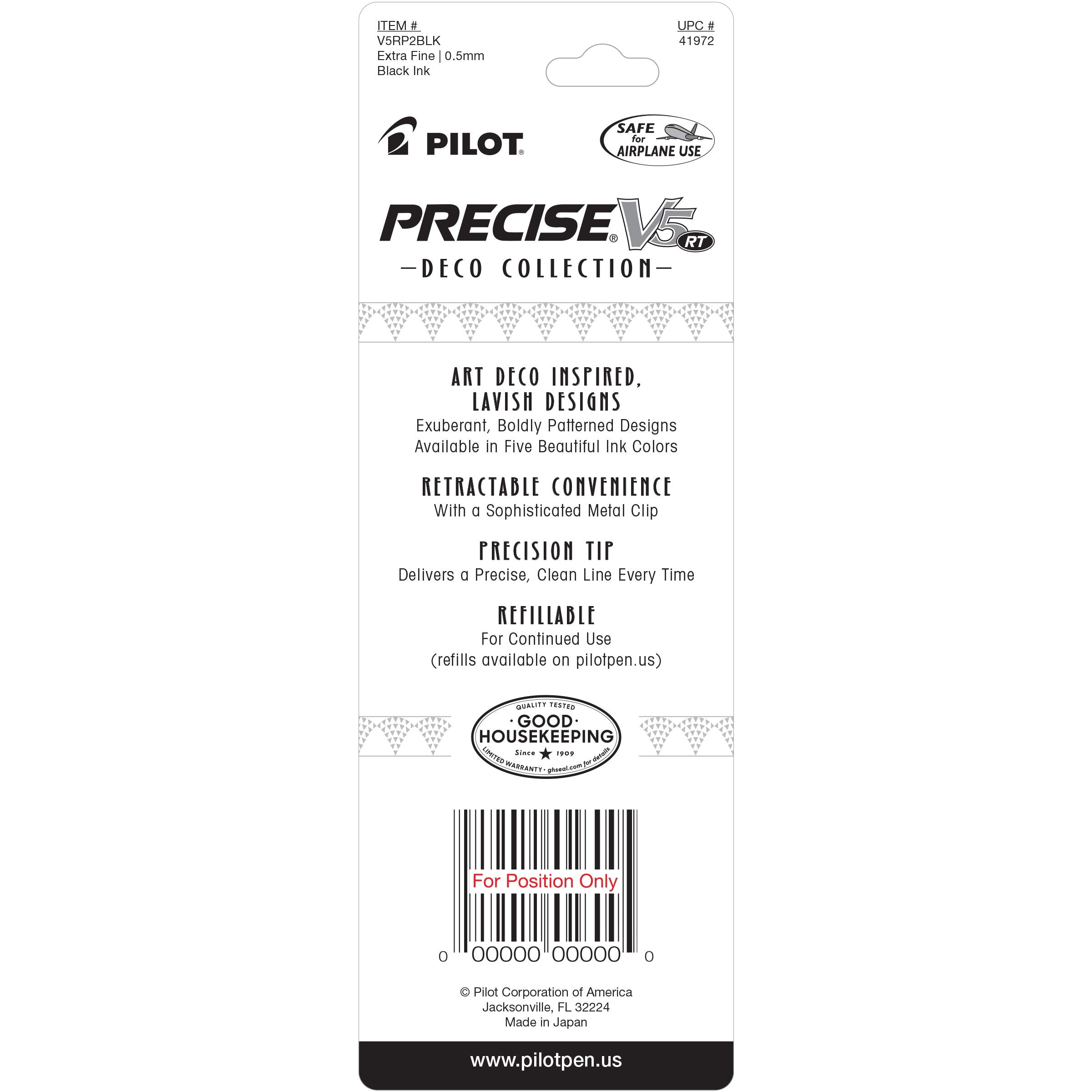 Pilot, Precise V5 RT Deco Collection Refillable & Retractable Liquid Ink Rolling Ball Pens, Extra Fine Point 0.5 mm, Black, Pack of 2