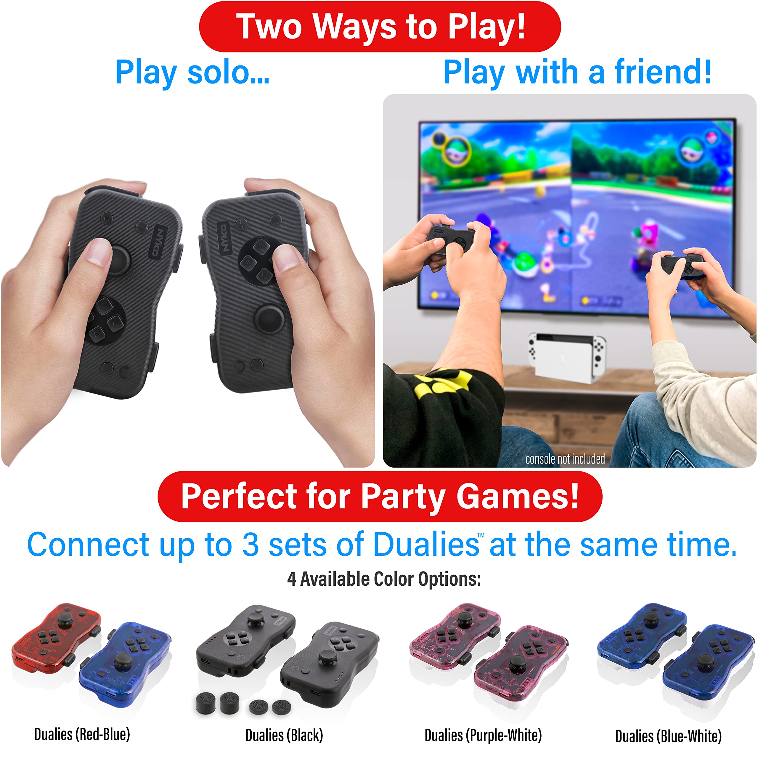 Nyko Dualies Controller Set for Nintendo Switch -Black: Comfortable, Responsive, and Precise Wireless Gaming with Motion Control, USB C Charge Cable. Joycon Alternative