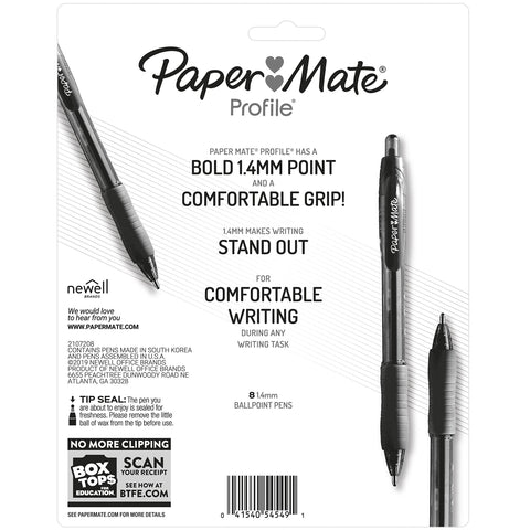 Paper Mate Profile Ballpoint Pen, Retractable, Bold 1.4 Mm, Assorted Ink And Barrel Colors, 8/pack