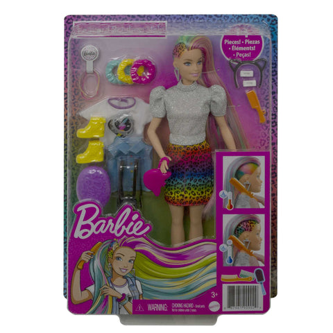 Barbie Doll Leopard Rainbow Hair with Color-Change Highlights & 16 Styling Accessories Including Clothes, Scrunchies, Brush & More