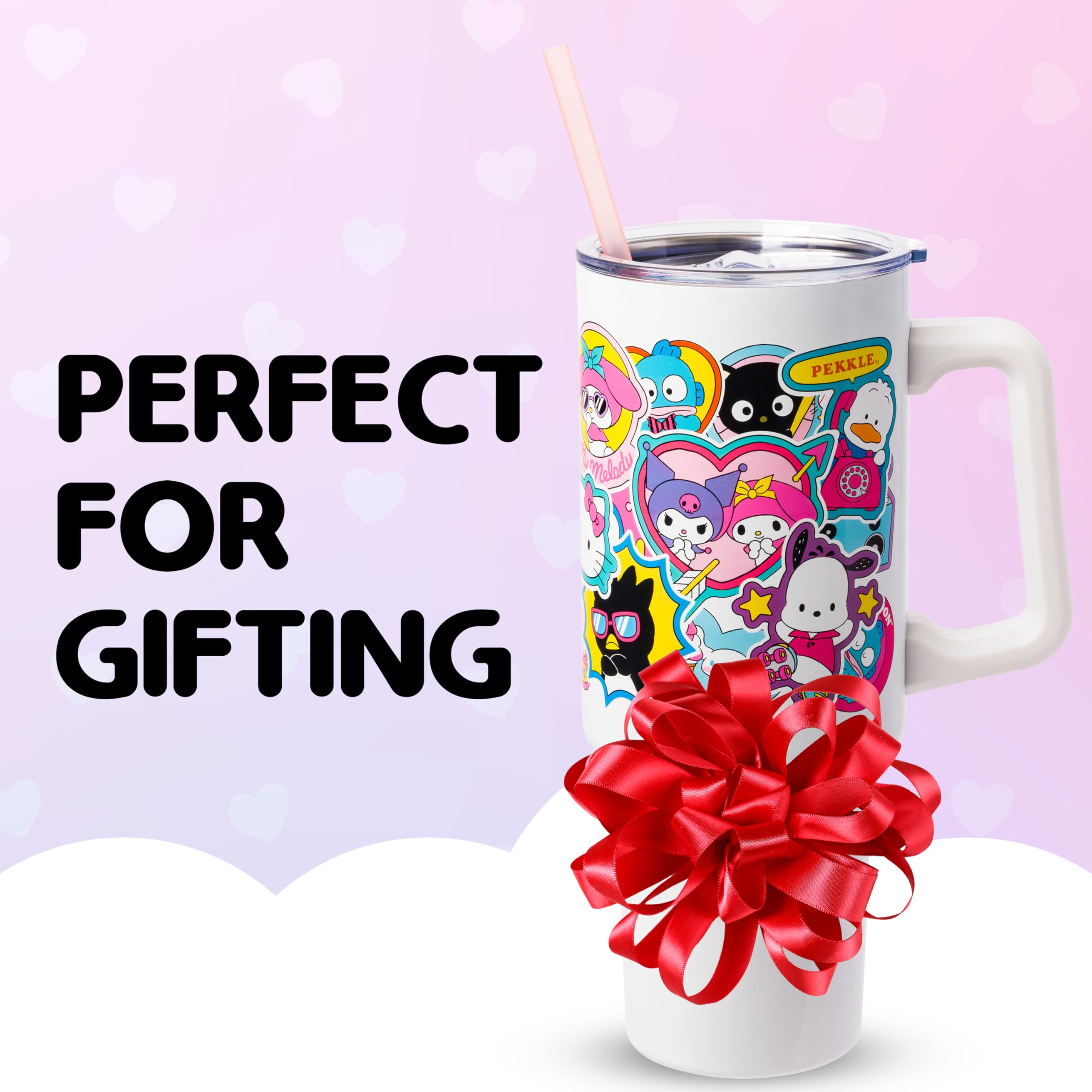Silver Buffalo Sanrio Hello Kitty & Friends Cinnamoroll, Kuromi, Chococat, Badtz-Maru, Keroppi, Sticker Double Walled Stainless Steel Tumbler w Handle and Straw, Fits in Standard Cup Holder, 40 Ounces