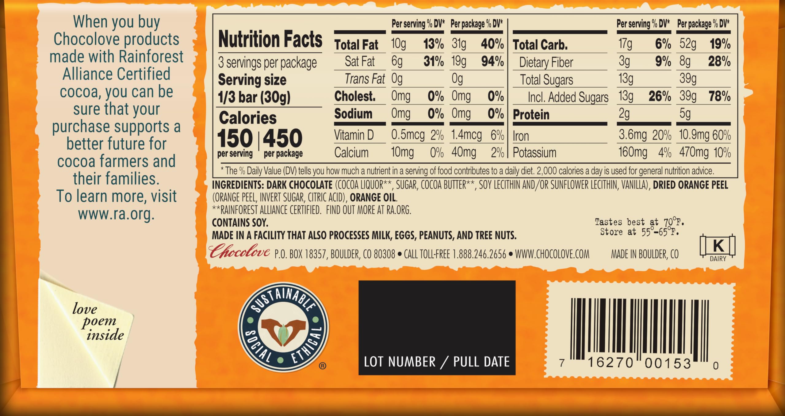 Chocolove, Orange Peel in Dark Chocolate, 3.2 oz