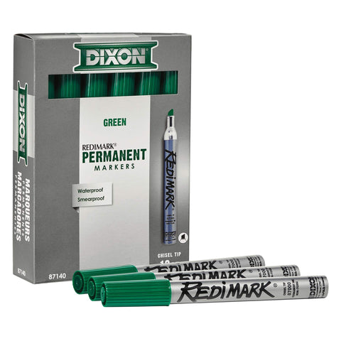 DIXON Industrial RediMark Permanent Markers, Chisel Point, Metal Barrel, Box of 12 Markers, Green (87140)