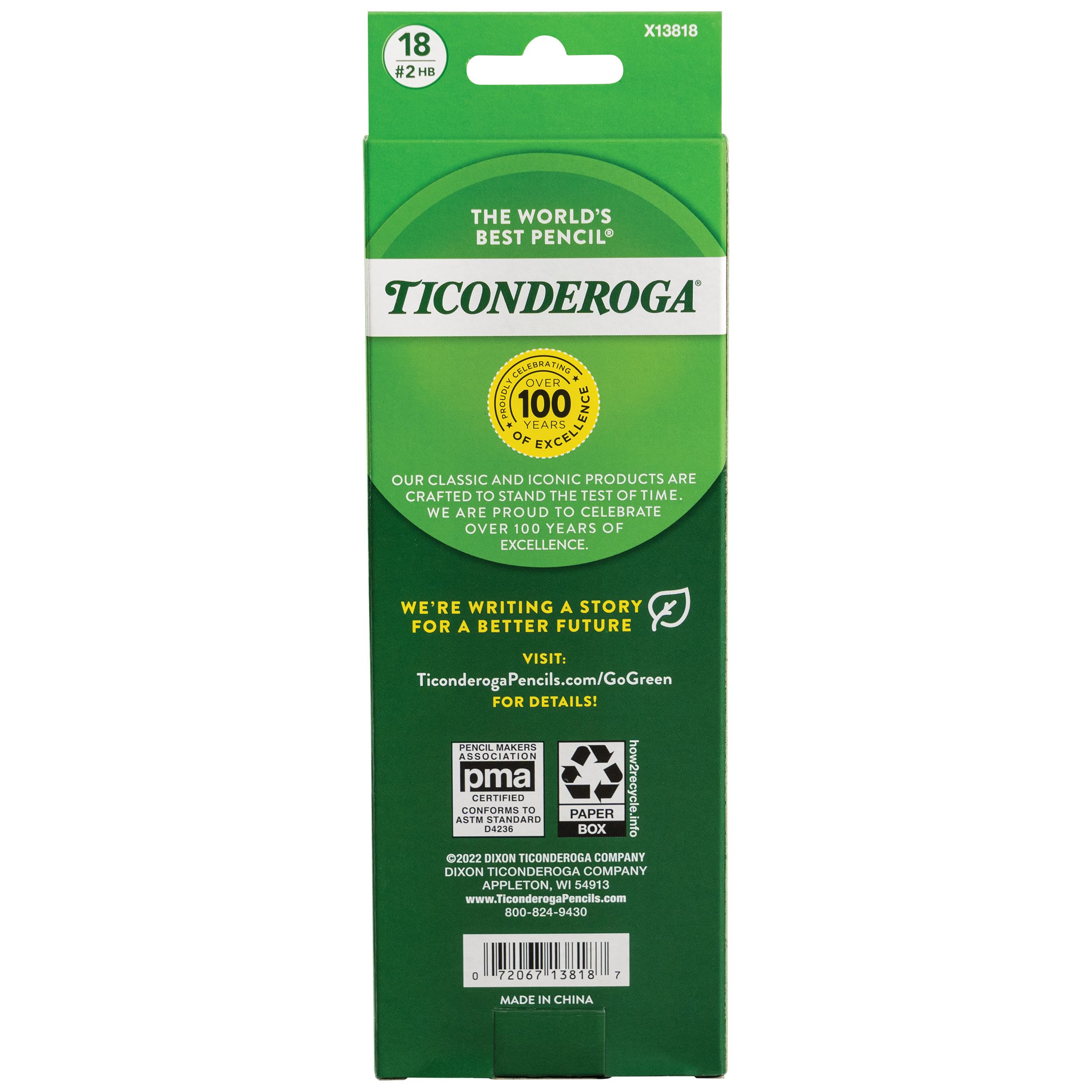 Ticonderoga Wood-Cased Pencils, Pre-Sharpened, #2 HB Soft, Yellow, 18 Count