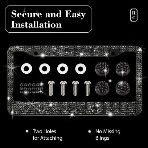 Black Bling License Plate Frames for Women - 2 Pack Bedazzled Cover, Clear Crystal Stainless Steel Girly Queen Sparkle License Plate Frame Cute Diamond Shiny Black Sparkly Cover