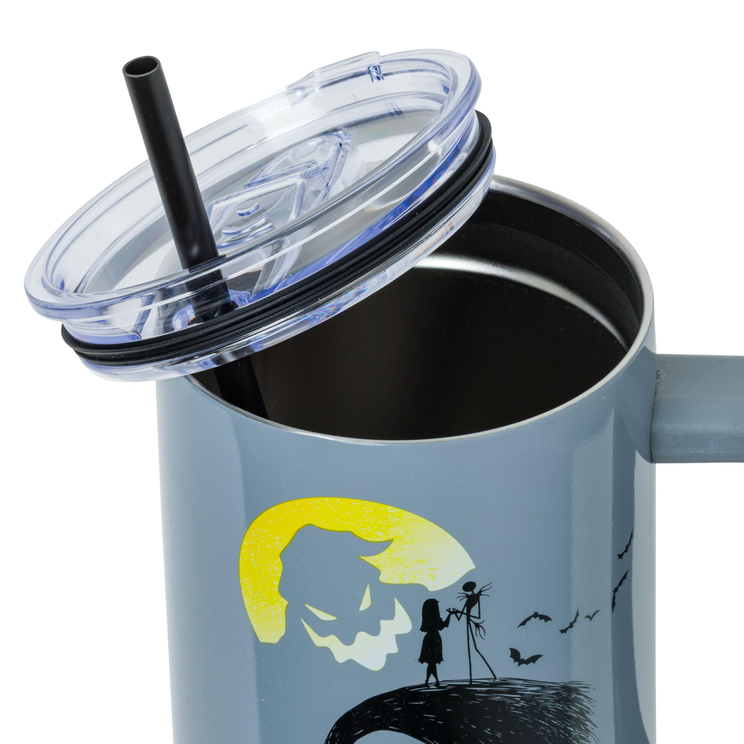 Silver Buffalo Disney Nightmare Before Christmas Featuring Oogie Boogie, Jack Skellington, and Sally Double Walled Stainless Steel Tumbler with Handle and Straw, Fits in Standard Cup Holder, 40 Ounces
